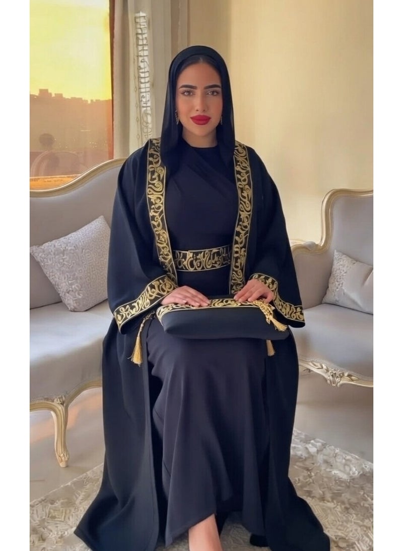 Luxurious women's Cardigan abaya with a gold embroidered Islamic pattern — a sophisticated and elegant design for special occasions and luxurious looks + belt and bag included as a gift. Add a touch of glamour and sophistication to your look. Code 4039 - Image 1